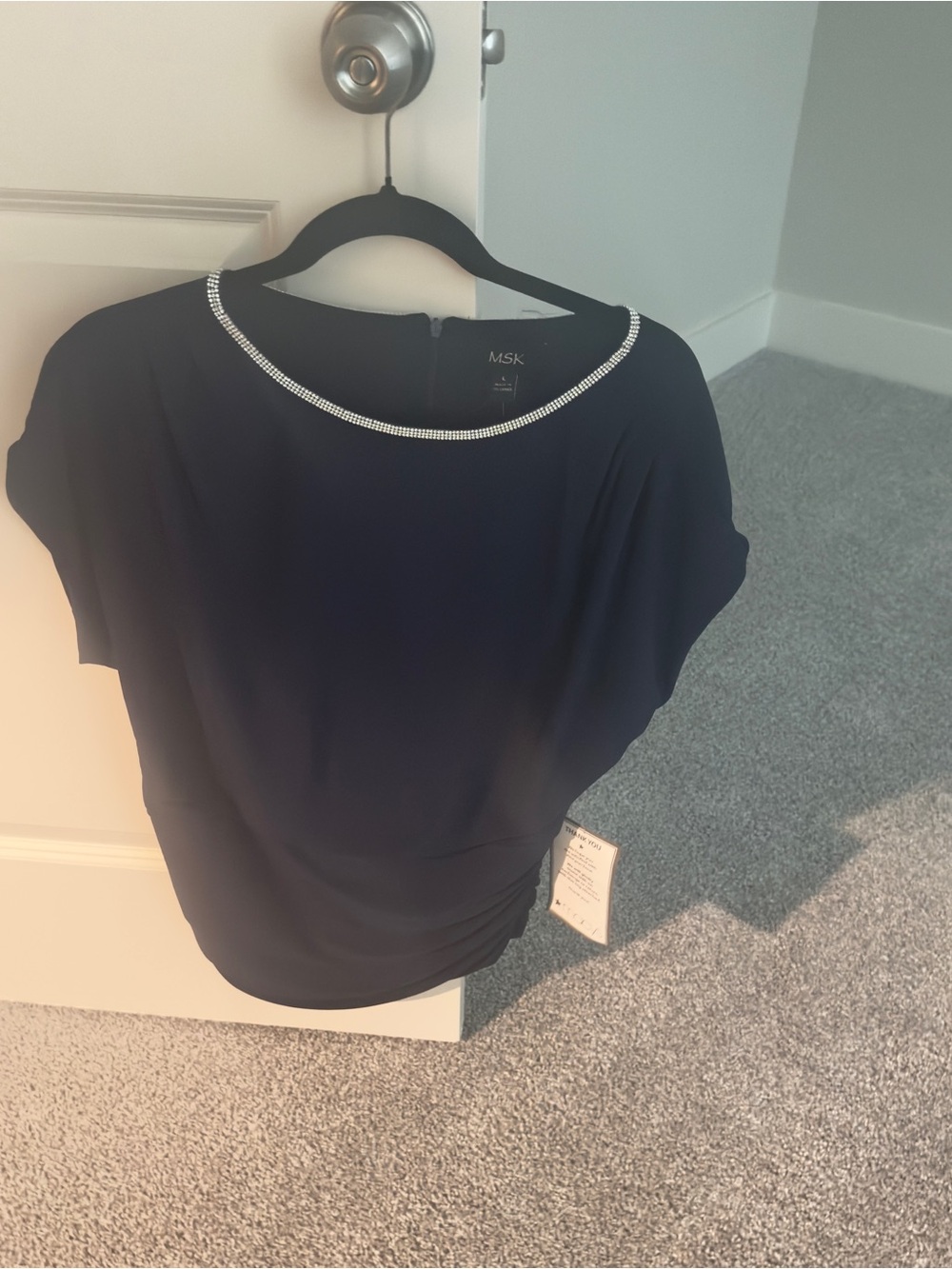 MSK Navy Blouse with Rhinestone Neckline